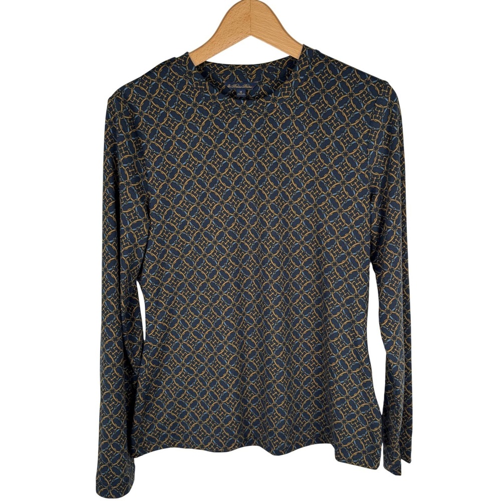 Brooks Brothers Equestrian Chain‎ Link Long Sleeve Knit Top Womens M Navy Gold - Picture 2 of 7